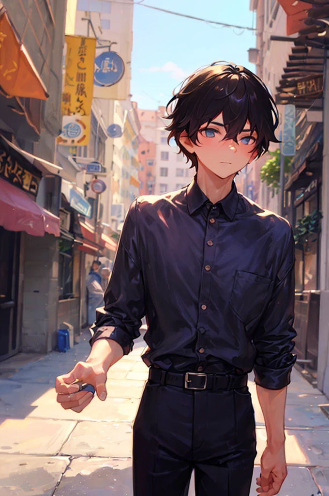 Handsome nerdy mature male, 1male,Man in suit,nerd,nerd boy,Strong shoulder width, human, simple black hairstyle, gentleman style,A man in his 30s with shy expression, cafe background, (masterpiece:1.21),(bestquality:1.21),8k,high detailed,ultra-detailed,anime semi-realism, image with a third-person view, highly detailed illustration,  face through torso, solo,physically-based rendering,depth of field,(low saturation:1.3),(1boy;1.4:1.1),a male,silm,Real Skin Texture,White Marble Glowing Skin,model(random_color_clothing:1.45),(random stylish pose action:1.1), (random view shot)