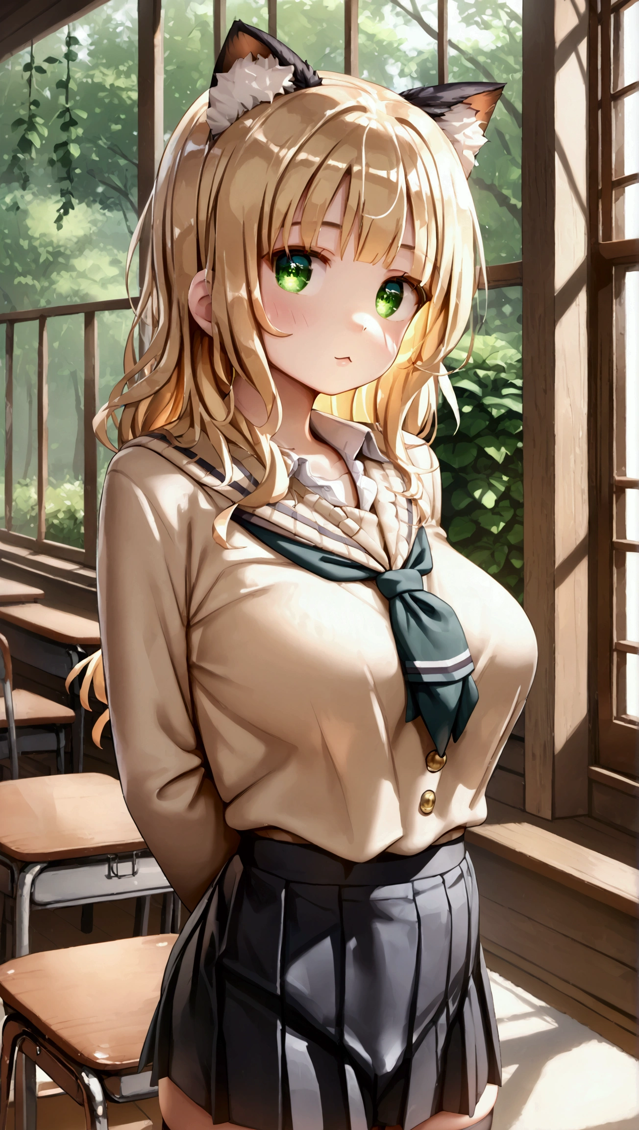 score_9, score_8_up, score_7_up, 1girl, solo,CedarP, scenery, (big breasts:0.8). (wide thighs:1.1), (wide hips:1.1), (mature woman:1.1), (detailed eyes), Immerse yourself in the elegance and sophistication of a beautiful blonde girl with green eyes. and Octane rendering in 8K resolution to create a hyper portrayal of her detailed face. (beautiful female), beautiful face, (Cat mouth:1.2), clear face, (Beautiful composition pure white room background:1.3), cat ears , Shiny hair, Shiny skin, standing, dark green school uniform, beige sweater, school uniform, blazer, dark green mini skirt, dark green pleated skirt, black thighhighs