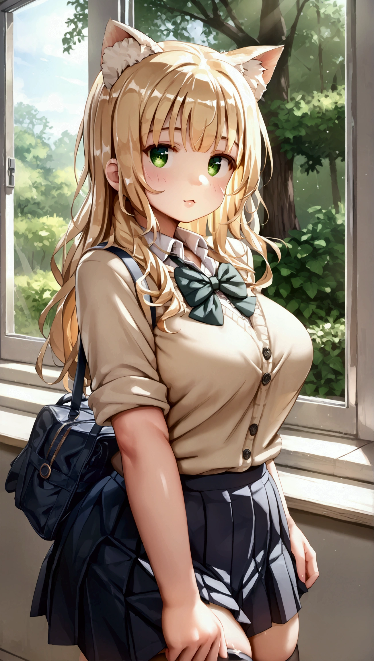 score_9, score_8_up, score_7_up, 1girl, solo,CedarP, scenery, (big breasts:0.8). (wide thighs:1.1), (wide hips:1.1), (mature woman:1.1), (detailed eyes), Immerse yourself in the elegance and sophistication of a beautiful blonde girl with green eyes. and Octane rendering in 8K resolution to create a hyper portrayal of her detailed face. (beautiful female), beautiful face, (Cat mouth:1.2), clear face, (Beautiful composition pure white room background:1.3), cat ears , Shiny hair, Shiny skin, standing, dark green school uniform, beige sweater, school uniform, blazer, dark green mini skirt, dark green pleated skirt, black thighhighs