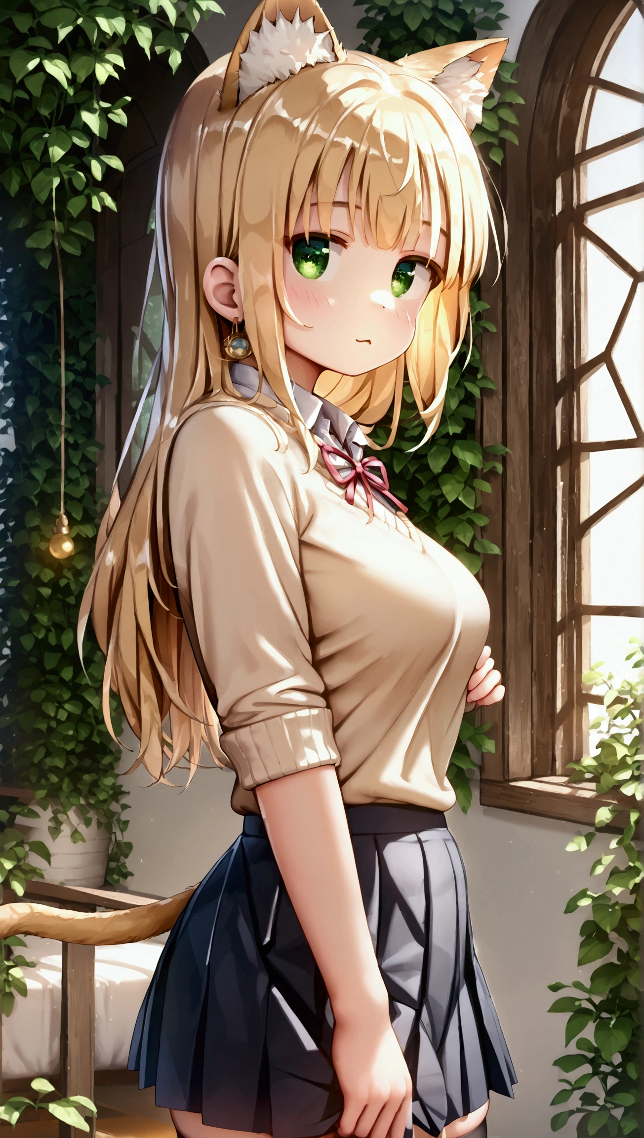 score_9, score_8_up, score_7_up, 1girl, solo,CedarP, scenery, (big breasts:0.8). (wide thighs:1.1), (wide hips:1.1), (mature woman:1.1), (detailed eyes), Immerse yourself in the elegance and sophistication of a beautiful blonde girl with green eyes. and Octane rendering in 8K resolution to create a hyper portrayal of her detailed face. (beautiful female), beautiful face, (Cat mouth:1.2), clear face, (Beautiful composition pure white room background:1.3), cat ears , Shiny hair, Shiny skin, standing, dark green school uniform, beige sweater, school uniform, blazer, dark green mini skirt, dark green pleated skirt, black thighhighs