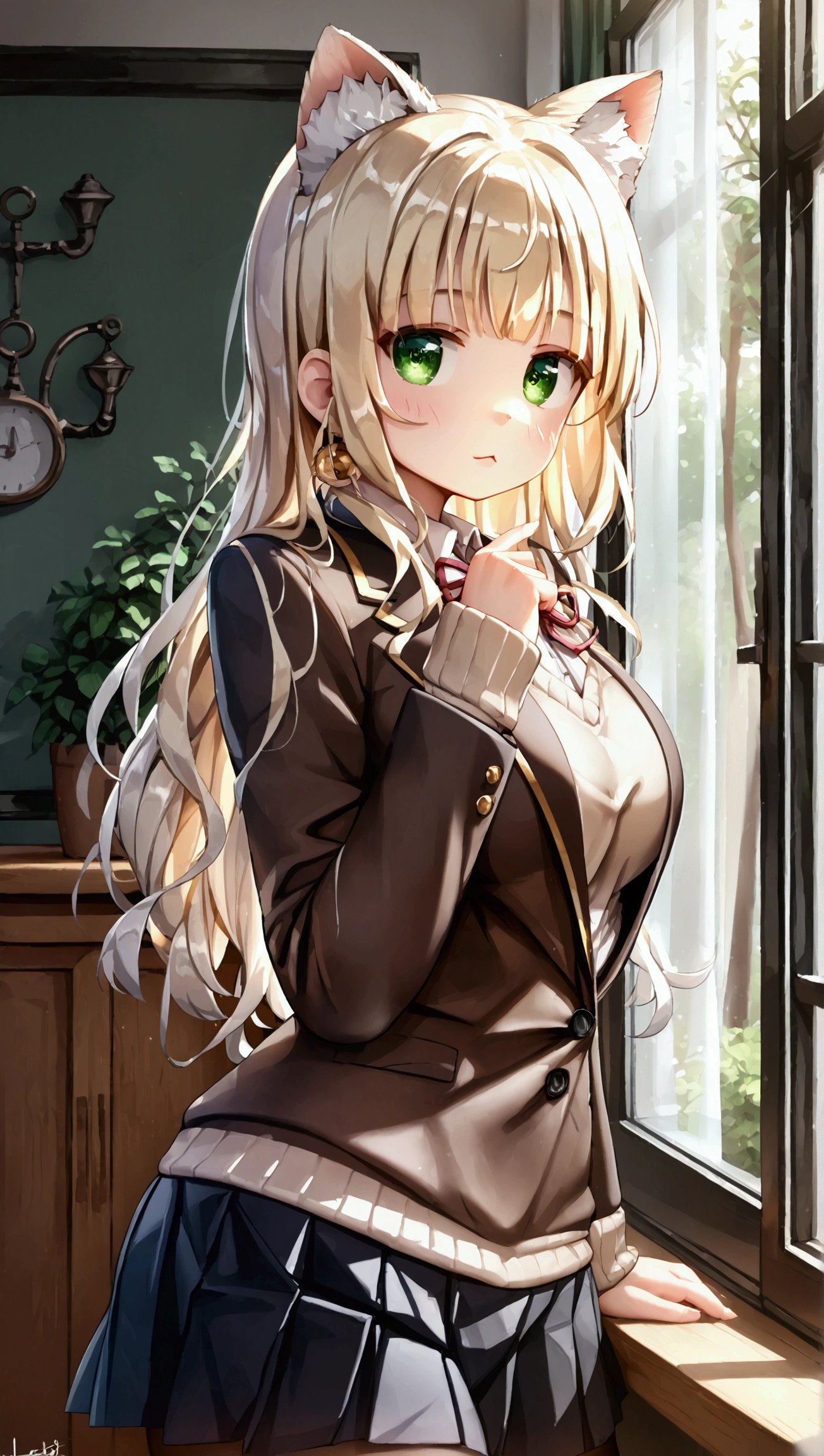 score_9, score_8_up, score_7_up, 1girl, solo,CedarP, scenery, (big breasts:0.8). (wide thighs:1.1), (wide hips:1.1), (mature woman:1.1), (detailed eyes), Immerse yourself in the elegance and sophistication of a beautiful blonde girl with green eyes. and Octane rendering in 8K resolution to create a hyper portrayal of her detailed face. (beautiful female), beautiful face, (Cat mouth:1.2), clear face, (Beautiful composition pure white room background:1.3), cat ears , Shiny hair, Shiny skin, standing, dark green school uniform, beige sweater, school uniform, blazer, dark green mini skirt, dark green pleated skirt, black thighhighs