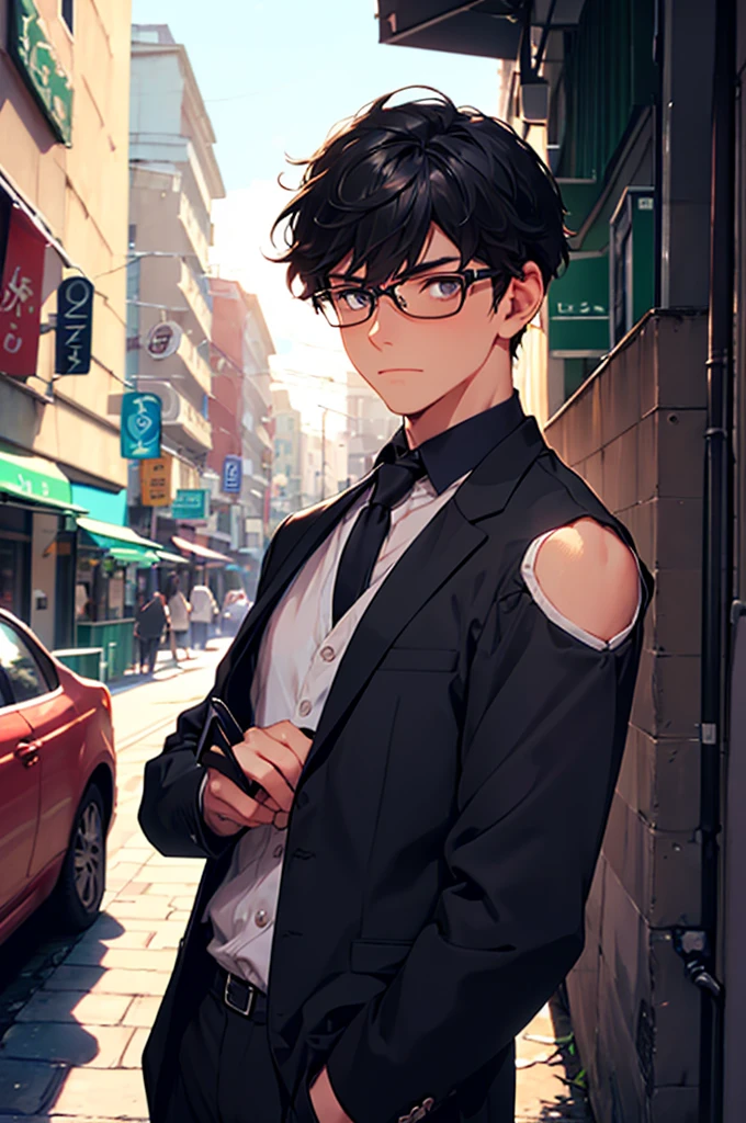 Handsome nerdy mature male, 1male,Man in suit,nerd,nerd boy,Strong shoulder width, human, simple black hairstyle, gentleman style,A man in his 30s with shy expression, cafe background, (masterpiece:1.21),(bestquality:1.21),8k,high detailed,ultra-detailed,anime semi-realism, image with a third-person view, highly detailed illustration,  face through torso, solo,physically-based rendering,depth of field,(low saturation:1.3),(1boy;1.4:1.1),a male,silm,Real Skin Texture,White Marble Glowing Skin,model(random_color_clothing:1.45),(random stylish pose action:1.1), (random view shot)