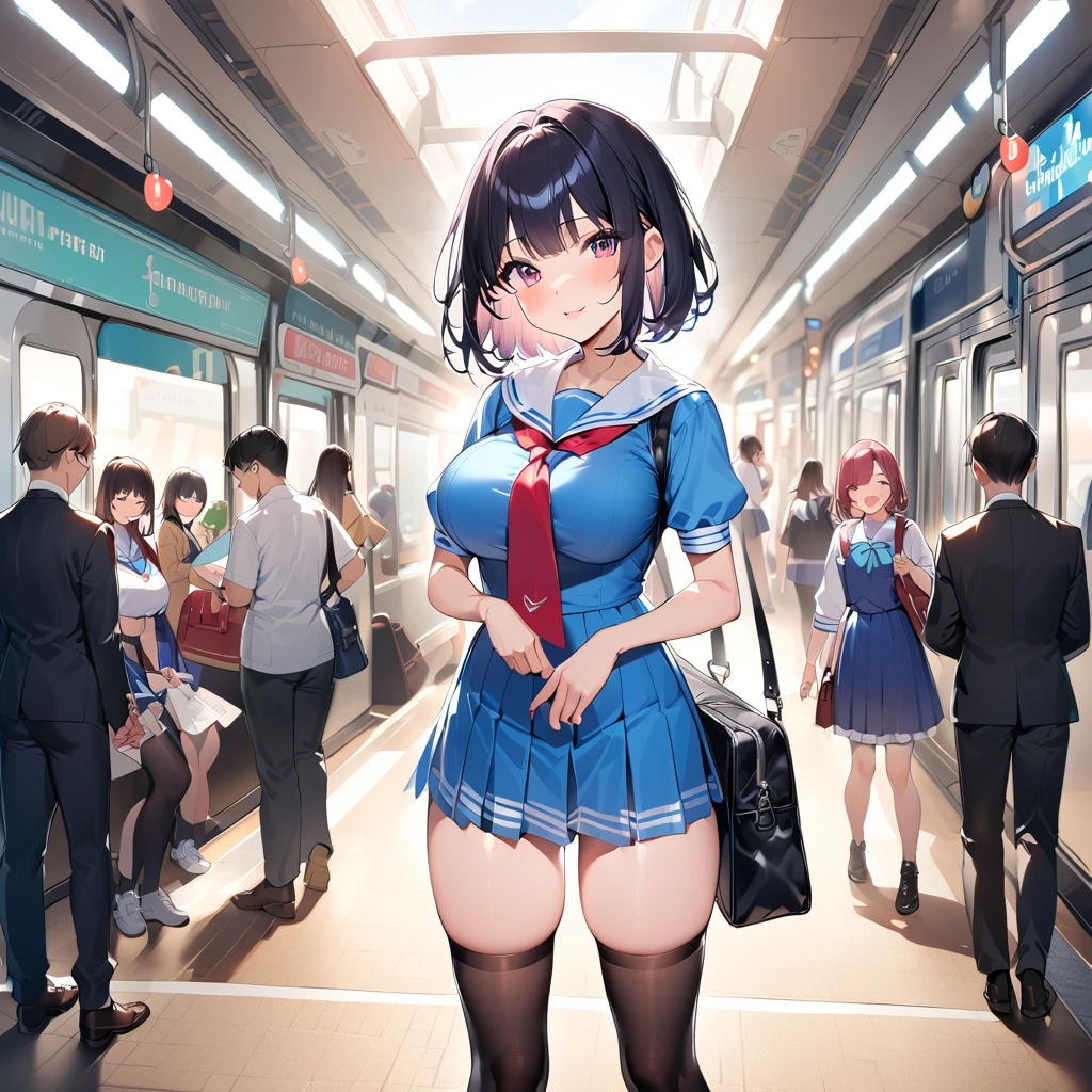 View from below,from behind,​master piece,fulcolor,8girls, Trem lotado、Crowded trains, School uniform,((Perfect erotic panties)), ((Showing panties)),beautiful thigh、low angles:1.4、Multiple girls in blazers, 8 people in pleated skirts, Large crowds, is standing、masutepiece, Best Quality, Highly detailed,End of summer,After school,White T-back、s ass、(​masterpiece、Highly detailed 8K CG、Sharp lines)、Rem of Rezero、hi-school girl、blue hairs、cute little、serafuku、White underwear and dark blue skirt、skirt rift、Panties that show through the skin、skinny  body、Thin leg、thighs thighs thighs thighs、Sexy poses showing anime style、Beautiful anime schoolgirl、A seductive anime girl、Smooth Anime CG Art、Beautiful anime schoolgirl、Beautiful anime girl、Long-sleeved sailor suit、Navy blue pleated mini skirt、Crotch rubbing、masturbation、Rubbing your crotch with the corner of the table、Curve、No bra、(Lifting skirt、White lace panties visible:1.2)、thighs thighs thighs thighs、(Navel Ejection:0.4)、Dynamic Pose Beautiful and perfect legs, Clean and perfect hands、Straight short hair、long bangs hide one eye、Black pantyhose、Wear black stockings、White panties showing through black stockings、(Clearly visible detailed female pubic shape: 1.4)、very Bigger breasts、Colossal tits、Exposing all your boobs、Delicate body、Height 150cm、Thin leg、mournful smile、pink hairpin、fully body photo、Wear loafers、Watched over by many