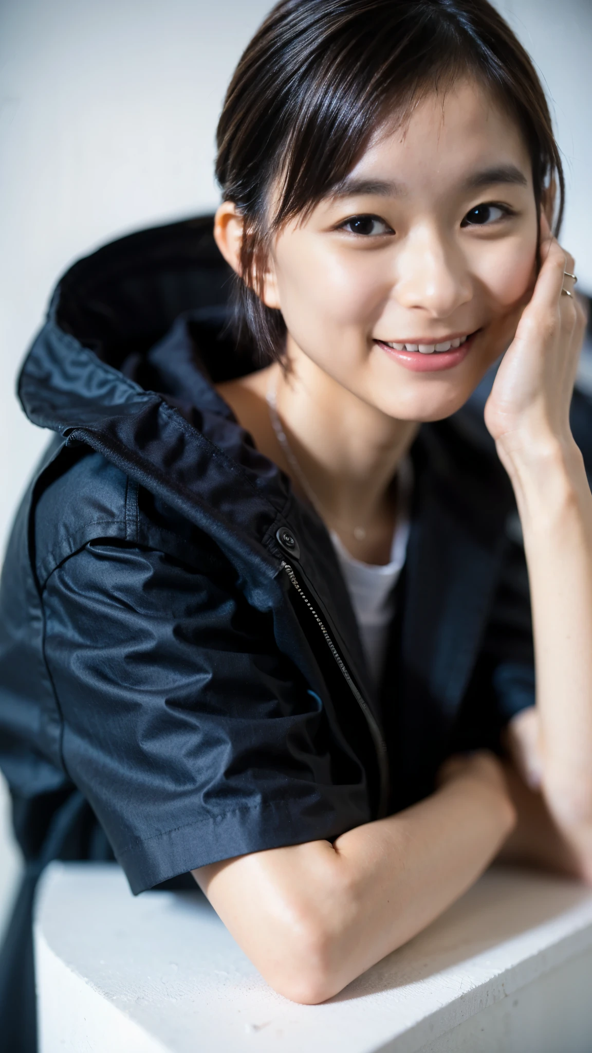 Best Quality,masterpiece,Ultra-high resolution, High Definition RAW Color Photos ,Professional photos,Natural skin texture,Fine skin, hyperrealism , Japanese Women, black hair short cut hair,((arms at sides,breast between the arms),smile,No bra,pea coat,face focus,Close-up of face,(gigantic breast))