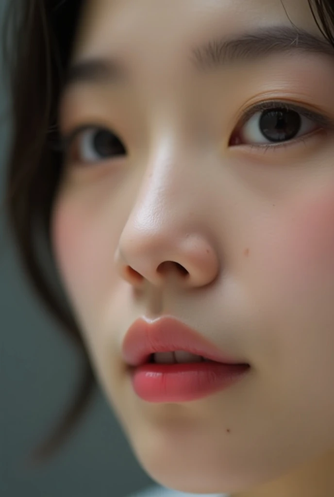 Detailed and realistic portrait of a Japanese woman with some freckles, round eyes and messy short hair, wearing a white t-shirt, staring at the camera, chapped lips, soft natural light, portrait photography, magical photography, dramatic lighting, photorealism, ultra-detailed, intimate portrait composition, Leica 50mm, f1. 4 pcs