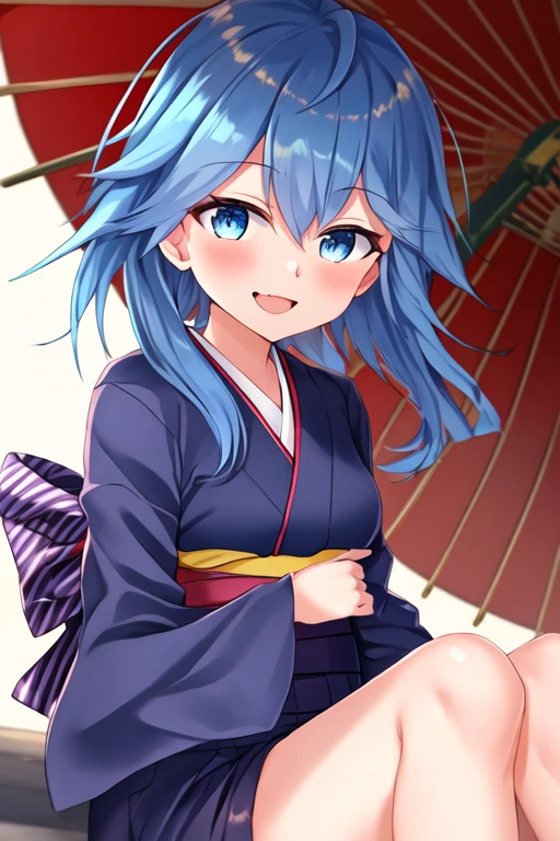 best quality, masterpiece, highres, solo, {minazuki_kantaicollection:1.15}, (Japanese dress), (Kimono), (Yukata), blue_hair, blue_eyes, asymmetrical_hair, short_hair_with_long_locks, open_mouth, smile, blush