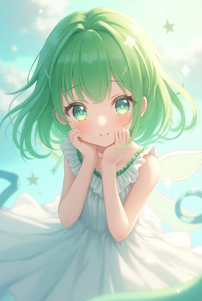 (high res, 8K, masterpiece, looking at viewer, best quality, very aesthetic, ultra detailed, ultra background, ultra Eyes) intricate details, 1girl, Tatsumaki, White wedding dress, White heels, Standing while holding a flower, Red Lips, green short hair, green eyes, smile face, Cheeks Flushed, Background Wedding Event, Cinematic Angle
