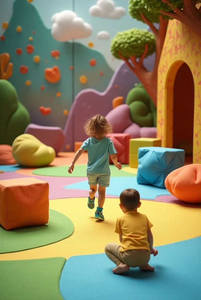 An internal area, With toys. Children playing in the ball pit and slides and adults doing educational activities with them