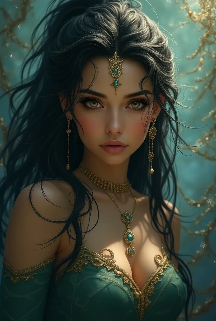 Black haired mermaid looking like an Indian