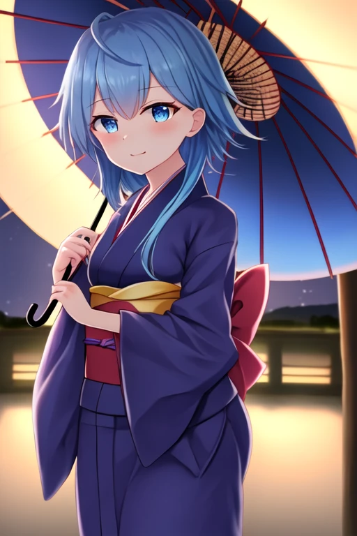 best quality, masterpiece, highres, solo, {minazuki_kantaicollection:1.15}, (Japanese dress), (Kimono), (Yukata), Japanese umbrella, night, outdoor, blue_hair, blue_eyes, asymmetrical_hair, short_hair_with_long_locks, rescent, crescent_pin