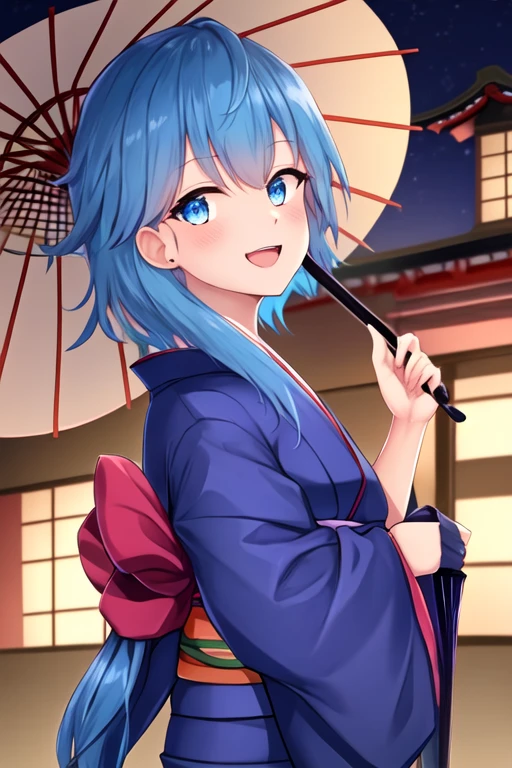 best quality, masterpiece, highres, solo, {minazuki_kantaicollection:1.15}, (Japanese dress), (Kimono), (Yukata), open mouth, smile, Japanese umbrella, night, outdoor, blue_hair, blue_eyes, asymmetrical_hair, short_hair_with_long_locks, rescent, crescent_pin