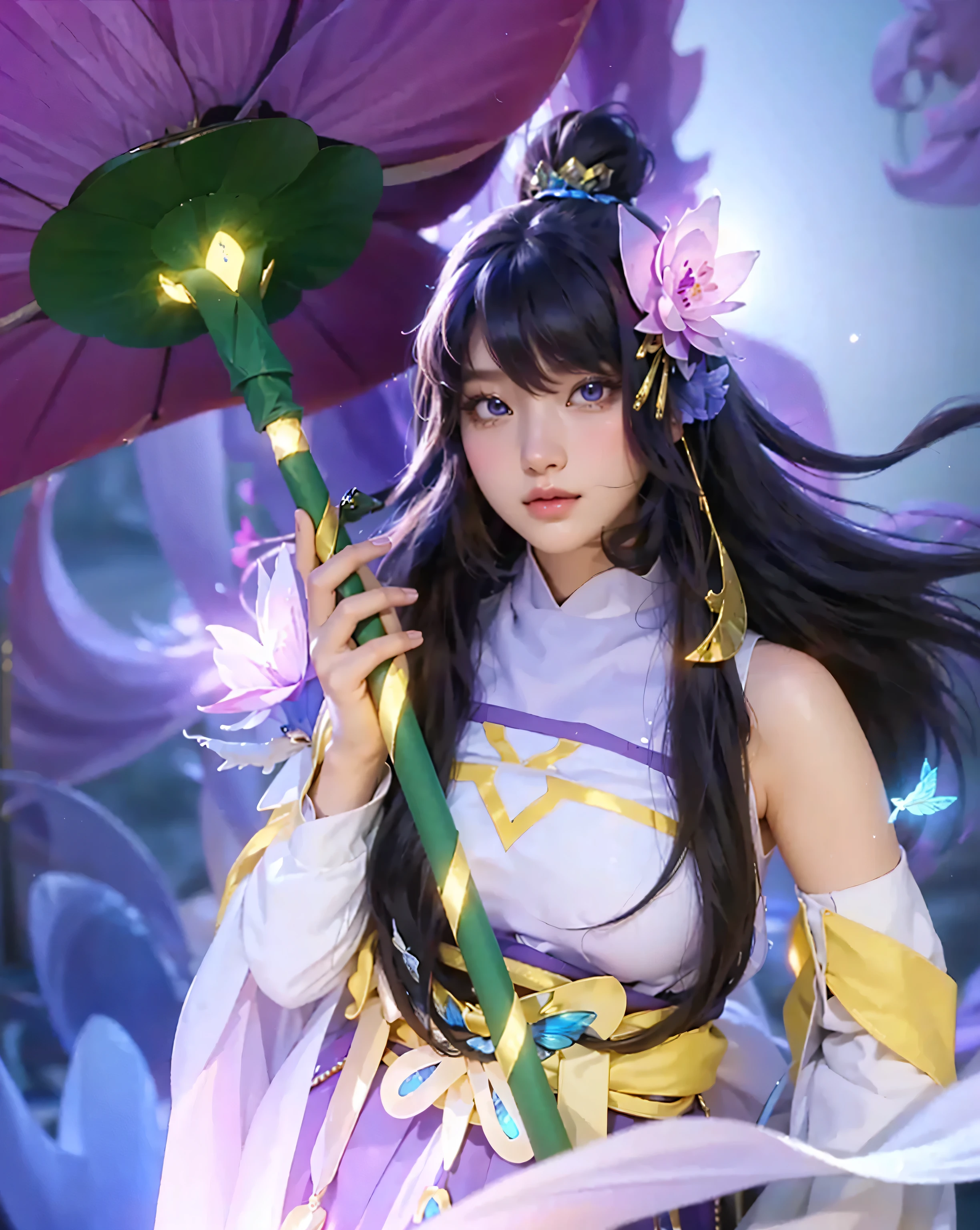 ( KAGURA SKIN STARLIGHT YEAR (WATER LILY)_MOBILE LEGEND GANG BANG),((realistic, photorealistic)),(highlight hair)), Light reflection, (( HD )),((upper body)), (((best quality, masterpiece))), (masterpiece) (best quality) (detail) (8k) (HDR) (wallpaper) (cinematic lighting) (sharp focuasterpiece, best quality: 1.1), Real life adaption of this character, Asian teen beauty face, Shining Purple eyes, realistic outfit, realistic shadow, realistic light, realism, hyper realistic, realistic background,(photorealistic:1.2), 1girls,Flying hair, transparent butterfly, Lily flower umbrella, blur background, accessories, glow effect,Flying scarf, motion blur 