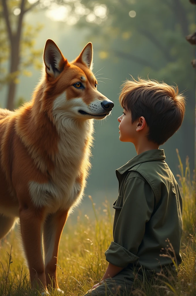((best quality)), ((masterpiece)), (Detailed), An anthropomorphic little wolf boy and an anthropomorphic little fox girl sit hand in hand in a meadow by a lake and watch the sunset.