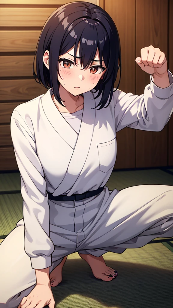 ((masterpiece, Highest quality, Very detailed, Very nice 8K CG wallpaper)), , A little thick, Medium Hair, slightly dark blue black hair, short hair, deep orange Eyes,judo player、long sleeve judo、Large bust、Long judo pants、judo、Serious expression、Inside the judo Gymnasium、、On the tatami、discovery、One Girl、Combat Stance、A tough fight、Shiraishi Apricot、Bust Size D Cup、Clenched hands(punch:1.3)、Spread your legs、sweating、I smell a violent fight with a boy...、 and the smell of a girl's smell mixed with the smell of 、Her hand smelled like it had been held by a boy....、The smell of a boy touching me、My wrists are shining with sweat、My hands are shining with sweat、My feet are shining with sweat、My fingers are shining with sweat、My nails are shining with sweat、His face is shining with sweat、My hair is shining with sweat、Sniffed by the boy、Inconspicuous bruises and swelling from being punched, He was kicked and thrown by the boy..、The skin is a little dirty、I smell a bit like a boy because of my sweat....、When he grabbed me、I shook him off...、Drooping sweat、My skin became shiny with sweat.、Smells like a girl、Cool sweat、A little hot、Shining with sweat、My ears are shining with sweat、Nails turn white、There was a boy&#39;Saliva is attached、 saliva attached to judo clothes、When I got sweaty after being punched by 、I was sweating after being kicked by a boy、I was sweating after being thrown by a boy