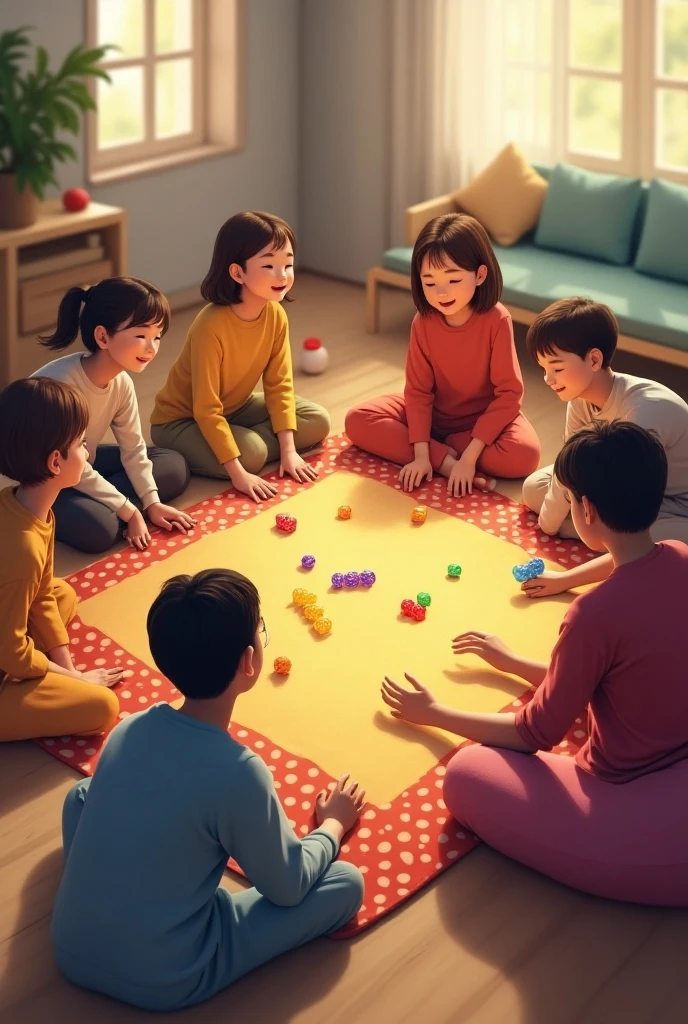 Five or six children sit in a circle and play a game of "losing handkerchiefs." A child with a handkerchief outside the circle and circles around the circle with a handkerchief until the child holding the handkerchief suddenly drops it behind someone's back. The child who drops the handkerchief must pick it up and chase the first child while others chant or sing rhymes. The game continues until each child has their turn. In Arnold rendering, high quality local rendering, 3D product rendering, ultra-realistic effects, rendering in blender, fine detail brush strokes, high resolution product photos, 8K octave rendering photos, highly detailed product photos, add these descriptions to try.