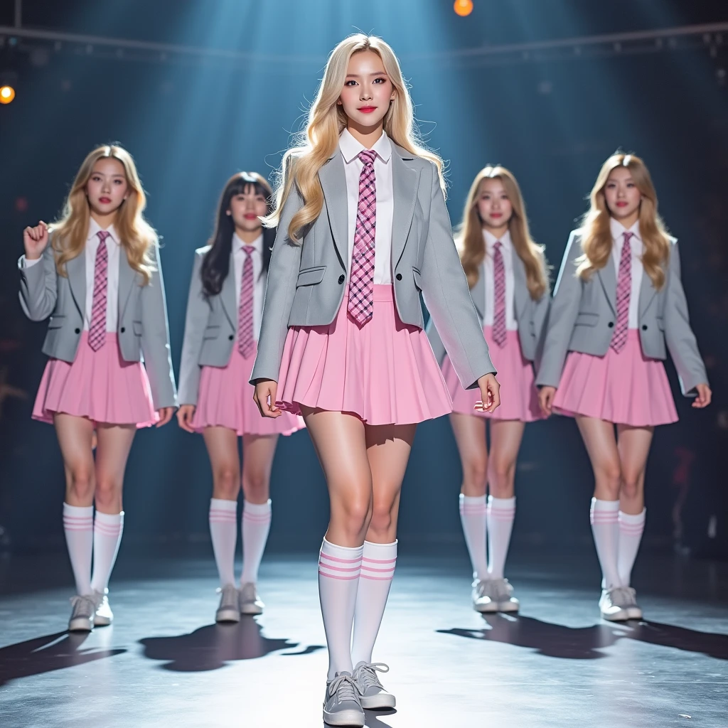 ((masterpiece, high resolution)), ((Thousands, crowd)), girls, group, clone, (( brown haired girls, blonde girls)), long hair, curls, Match hairstyle, different hair colors, confident, elegant, rich girls, emotionless, Put your arms by your sides, Back straight, (((Match your outfit, identical outfits, pink school uniform))), stand at attention, shoulder to shoulder, Same posture, sisters lined up neatly, many lines, human strike