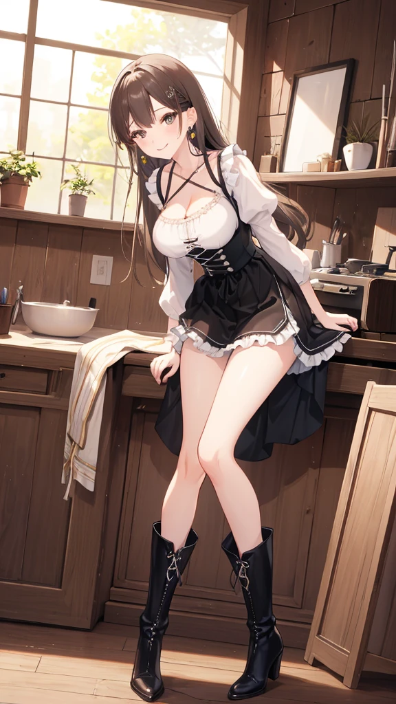 One Girl,  High Resolution , Best Quality,  super high image quality , Slender, Dirndl, Big Boots, Earrings, Related to screen content, Captivating smile, Low Angle, Slender,Large Breasts, Show off your breasts, Tavern, Long legs, Skirt with slit, Frills, Leaning forward, 