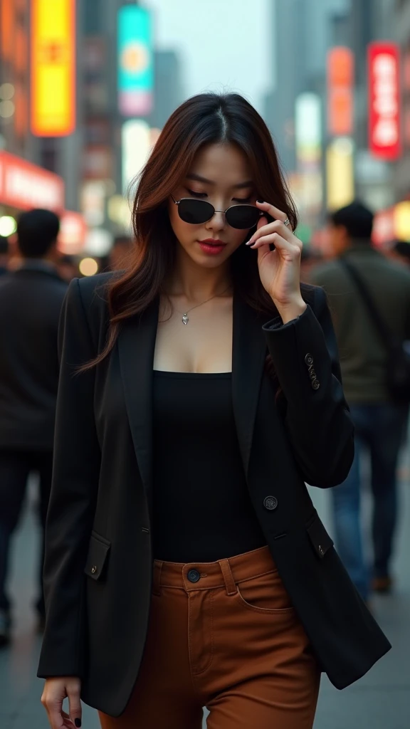 a beautiful japanese woman, detailed face, beautiful eyes, long eyelashes, beautiful lips, detailed facial features, woman wearing a black jacket, brown pants, woman touching her black sunglasses, woman smiling while looking down, woman in walking position, people watching the woman from all sides, detailed environment, photorealistic, 8k, high quality, intricate details, studio lighting, cinematic lighting, warm color tones, vibrant colors