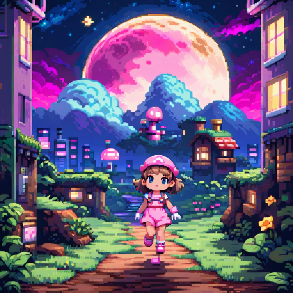 ((masterpiece)), ((best quality)), 8k, high detailed, ultra-detailed, 2D pixel art, chibi girl walking, dreamy, retro 8-bit style, SNES game, Mario-like side-scrolling shot, visible ground cross-section, cute, glowing moon overhead, fancy night sky, dreamy scenery, soft synthwave atmosphere, past characters from stages in the background, vivid, walking animation