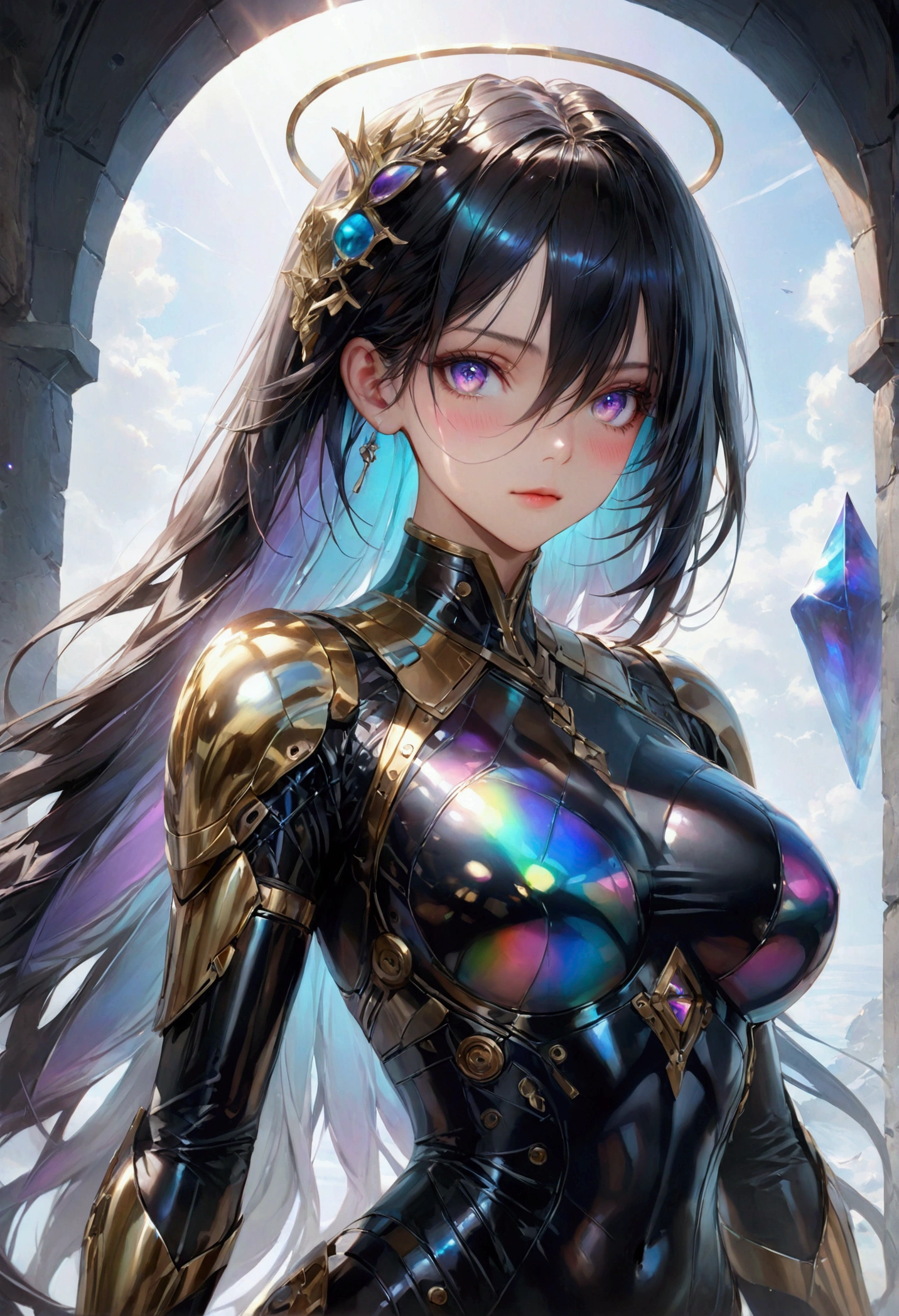 (Highest quality, 8k, 32K, masterpiece, Ultra-high resolution,:1.2),born, One girl,Super cute , Natural light,Clear, shining eyes, 20-year-old ,Fair skin, Girl with black hair, Woman warrior, Sexy pose, An innocent smile, A fantasy background reminiscent of an electronic world, Random hairstyle,Long Hair, Long Hair, Large Breasts