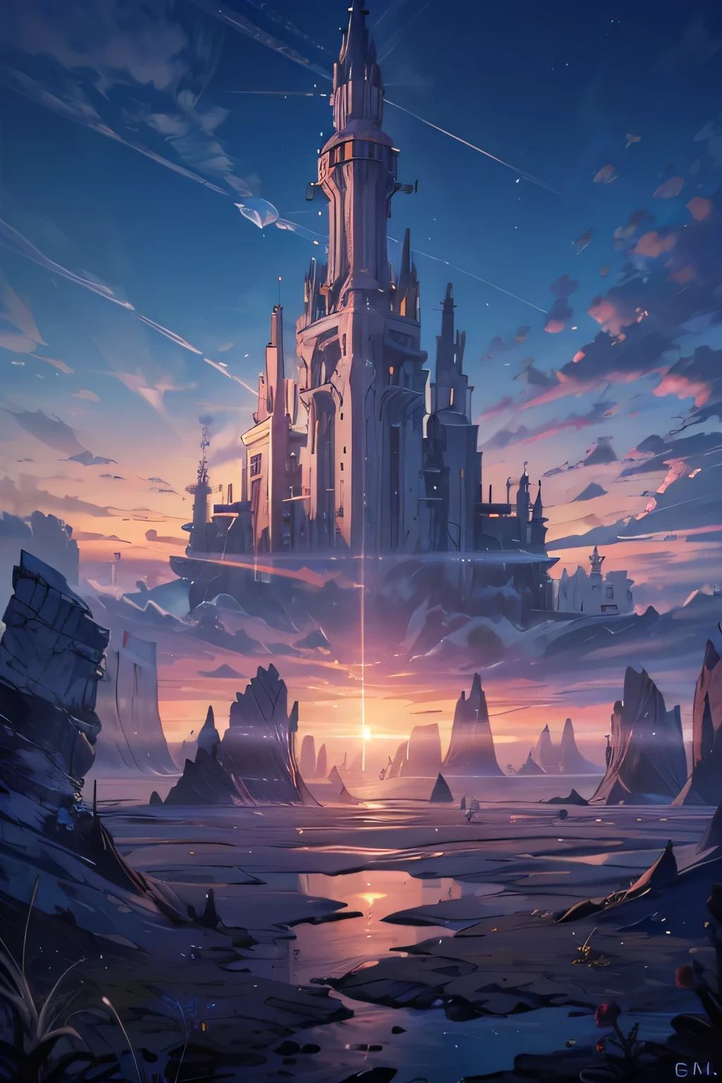 It starts built with algorithms , beautiful view over a field full of grass and few trees, and far from the mountains you can see a cliff in the shape of a tower built with very solid earth very large, high and very narrow set above the Sun, Go above the clouds , very beautiful view, on a dirt road , and the sky full of clouds very beautiful paranoid view , and with a very beautiful breeze , symmetric view , metric and exceptional , perfect architecture Guaau 8k
