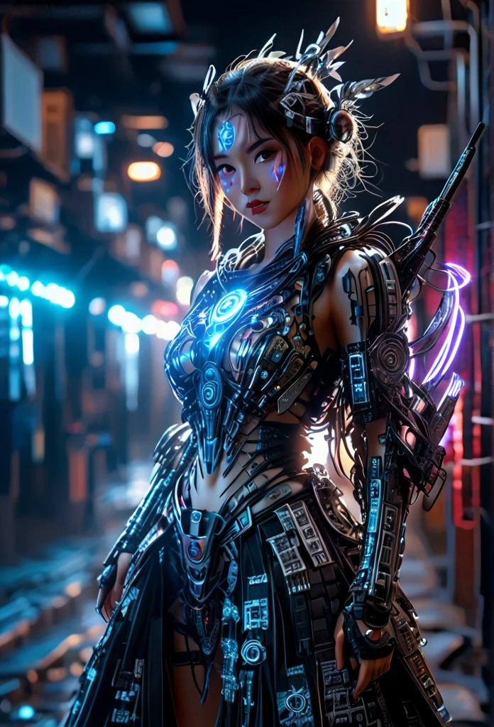 Sexy cyborg girl, big breasts in a cyberpunk city alley at night, Cyber ​​samurai, cool action pose, high detail, reflective armor, shadows showing the details of wires and body mechanisms, action sci-fi movie poster tone.