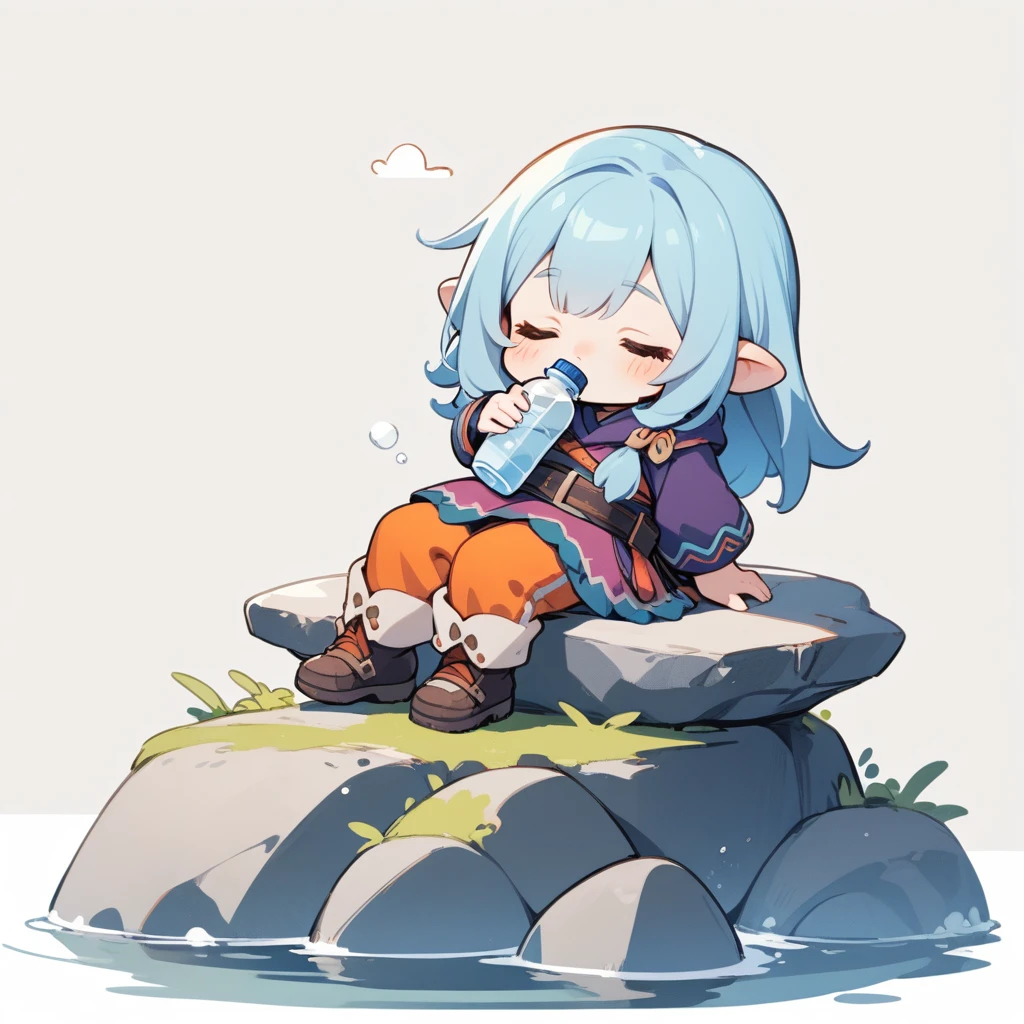 1 Dwarf girl, solo, full body, Sitting on a rock and Drinking water from a water bottle, sleepy, simple background