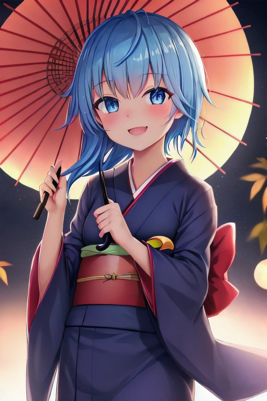 best quality, masterpiece, highres, solo, {minazuki_kantaicollection:1.15}, (Japanese dress), (Kimono), (Yukata), Japanese umbrella, night, outdoor, blue_hair, blue_eyes, asymmetrical_hair, short_hair_with_long_locks, open_mouth, smile, blush, crescent, crescent_pin