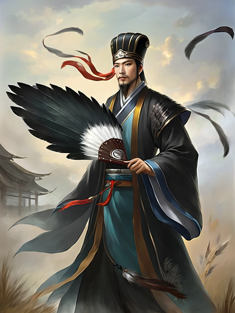 Write a texture on the background, masterpiece, Man with a feather fan、 Black Hanfu, Fabric hat,  Full Shot, On the battlefield 