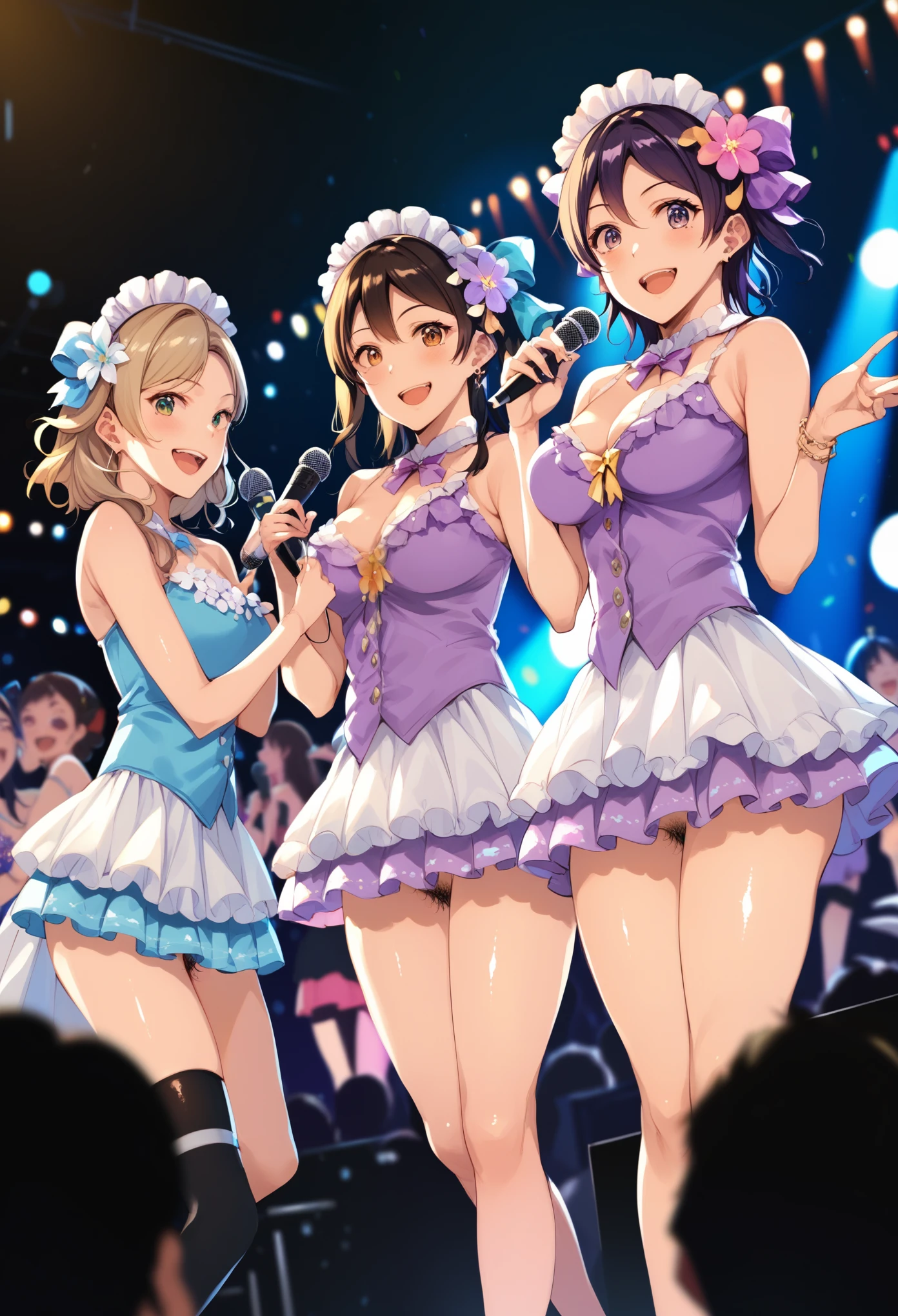 Score_9, score_8_up, score_7_up, score_6_up, source_anime, idol, stage lights, live stage, front light, mini skirt, idol costume, flare skirt, live concert, dancing, multiple girls, group picture, lineup, flower accessories,a fun smile,looking_at_viewer,open mouth, microphone, 3girls, standing, pubic hair, excessive pubic hair, cowboy shot