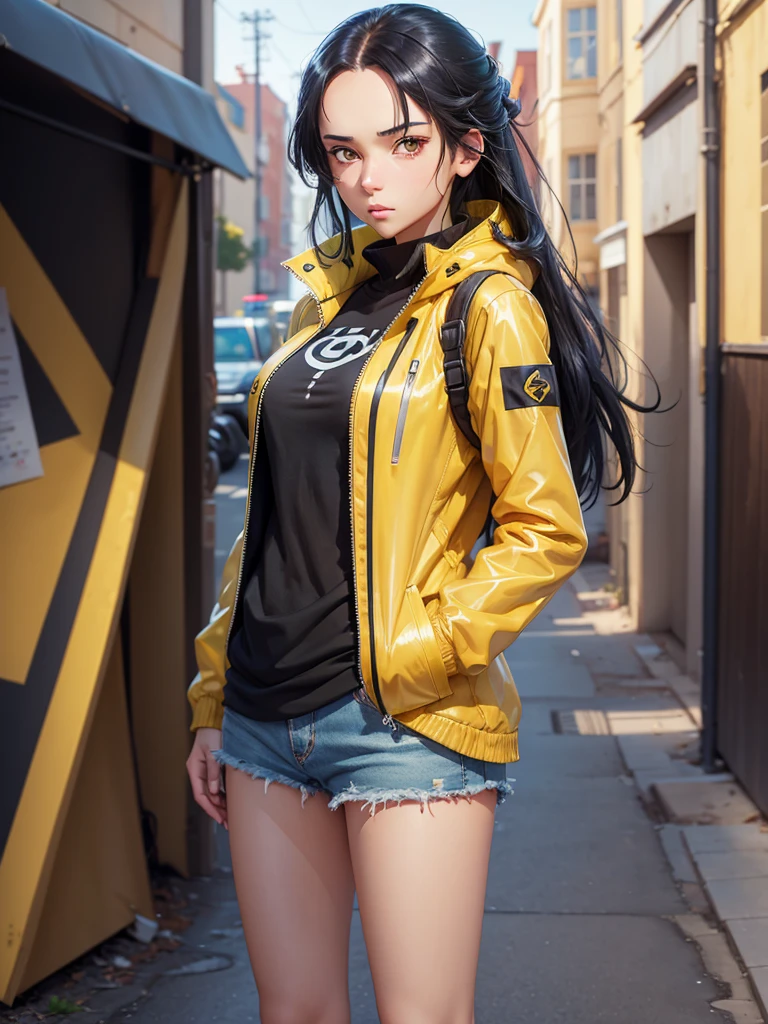 A girl, yellow jacket, hands in pockets, staring at another person, long black hair, heterochromic eyes, heterochromic eyes, heterochromic pupils, 8k resolution, very detailed, anatomically correct, digital painting, concept art, Makoto Shinkai style, clear picture,  jenya.d 