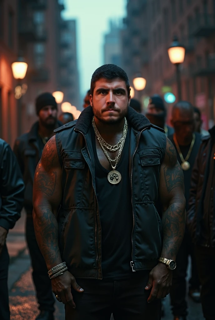 Fat black man, gangster, cigar in mouth, angry, gang clothes, gang squard with him, shootout, dreadlocks, gun fight, guns, gang cars in background, suburban neibourhood setting (natural skin texture, hyperrealism, soft light, sharp), night time, street light illumination, full body shot, gang, gang war