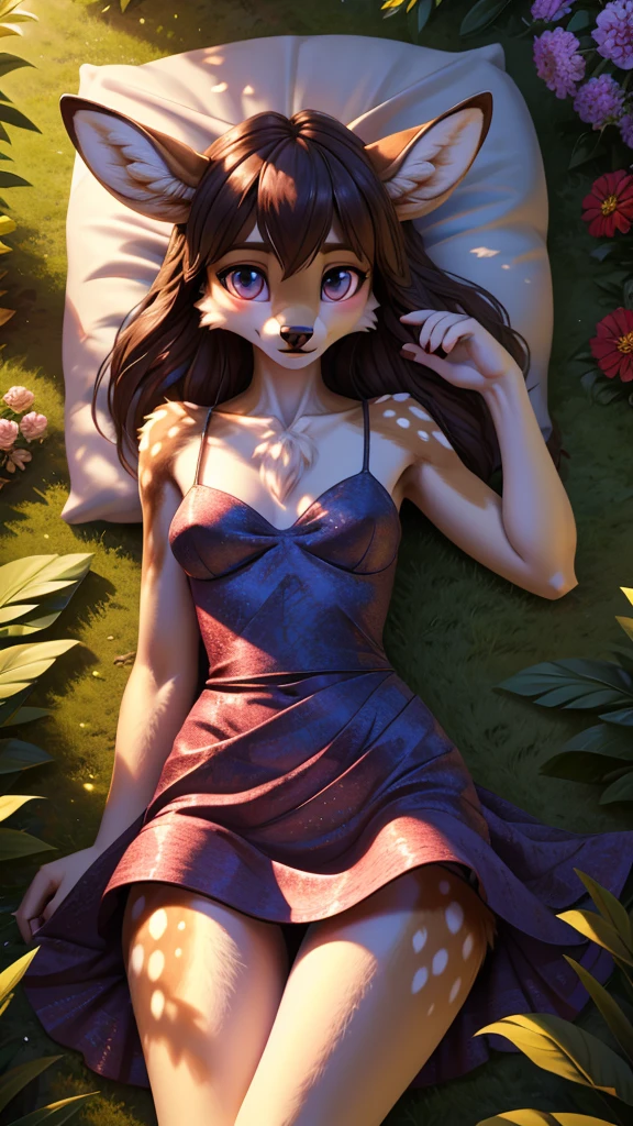 A beautiful, (masterpiece), high quality, perfect lighting, highly detailed CG Unity 8k wallpaper, high resolution, perfect lighting, youthful, adolescent, slim, skinny, frail slender figure, distinctly feminine figure, narrow hips, medium plump breasts, close-up shot, detailed face, youthful, tall, slim, anthropomorphic deer woman, expressive facial emotion, distinctly feminine figure, thick, fuzzy, fluffy, volumetric golden-brown and white fur, long legs, laying down, fallen, vulnerable pose, embarrassed, nip slip, dominated, upskirt, blushing, wearing cutting-edge biotech dress, living plant elements, color-changing fabric, cinematic high fidelity 3D CAD model style, avant-garde studio set, morphing backdrops, feeling of innovation and artistry