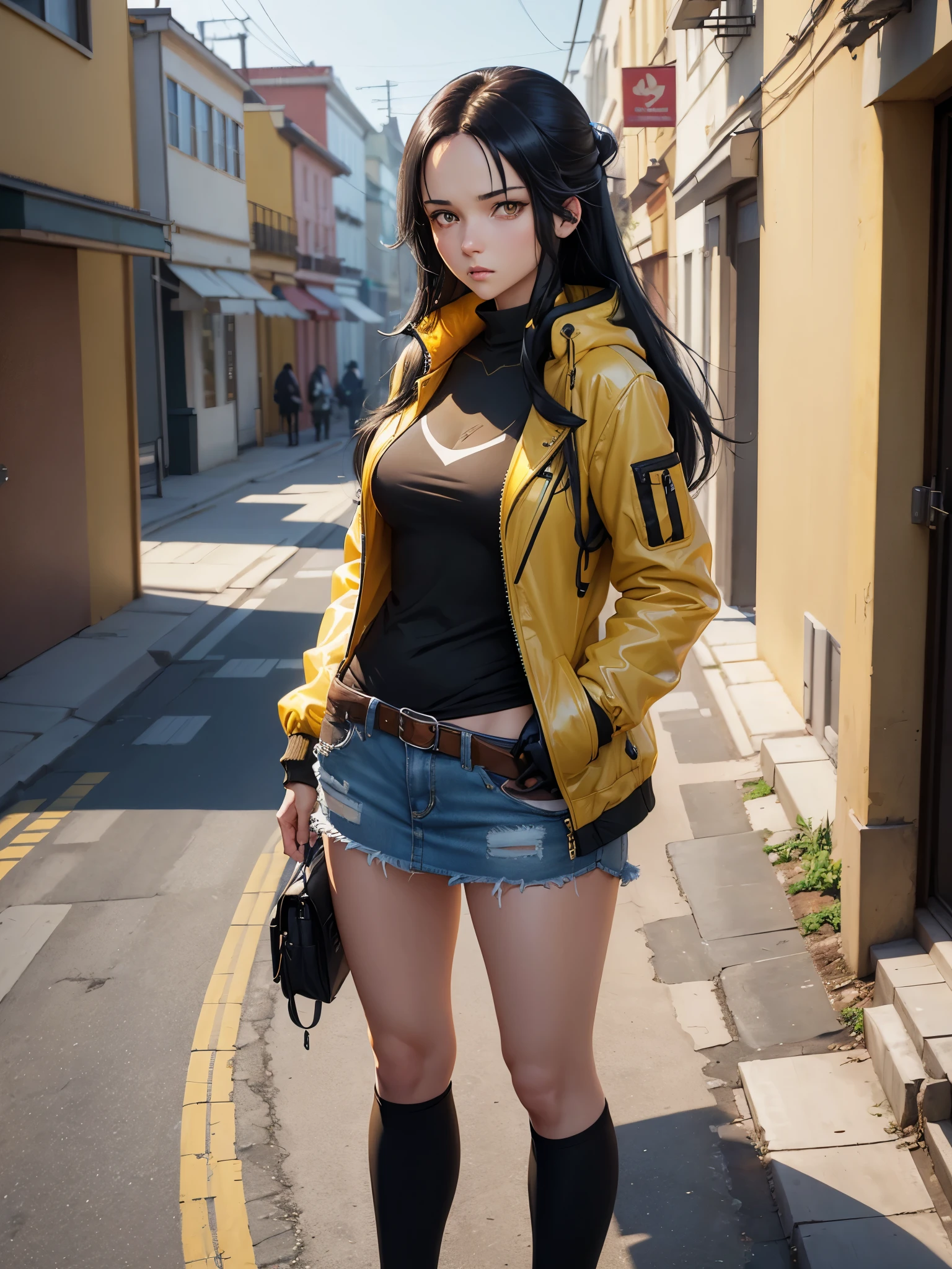 A girl, yellow jacket, hands in pockets, staring at another person, long black hair, heterochromic eyes, heterochromic eyes, heterochromic pupils, 8k resolution, very detailed, anatomically correct, digital painting, concept art, Makoto Shinkai style, clear picture,  jenya.d 