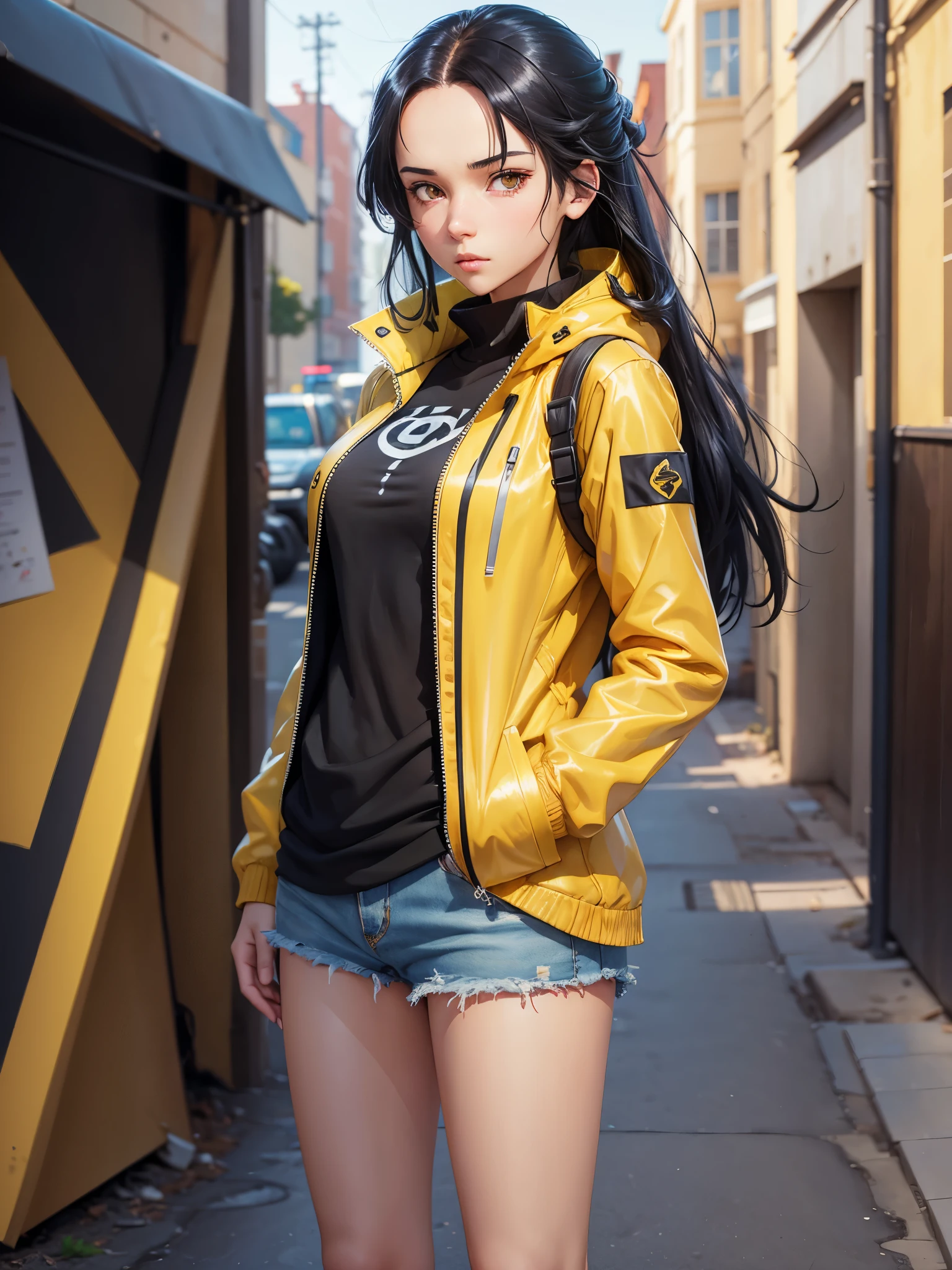 A girl, yellow jacket, hands in pockets, staring at another person, long black hair, heterochromic eyes, heterochromic eyes, heterochromic pupils, 8k resolution, very detailed, anatomically correct, digital painting, concept art, Makoto Shinkai style, clear picture,  jenya.d 