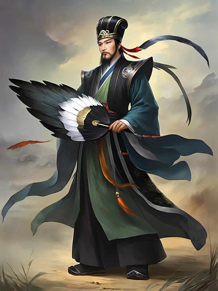 Write a texture on the background, masterpiece, Man with a feather fan、 Black Hanfu, Fabric hat,  Full Shot, On the battlefield 