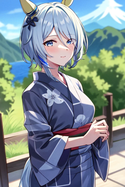 (masterpiece), highly detailed, best quality, (high resolution), 8k, 1girl, solo, k.s.miracle, umamusume, short hair, blue hair, horse ears, horse girl, horse tail, blue eyes, cinematic angle, looking at viewer, outdoor, (Japanese dress), (Kimono), (Yukata), gentle smile, eyes visible through hair, hair over left eye