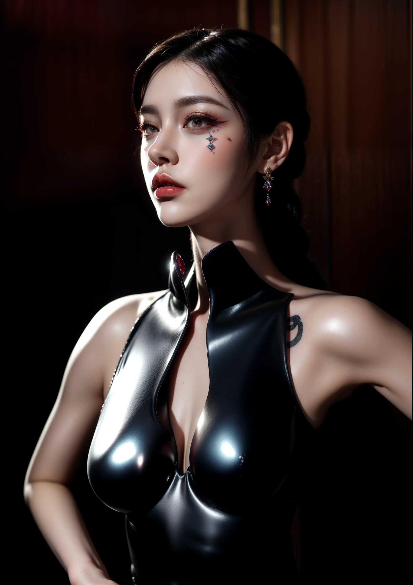 best quality, masterpiece, Ultra-high resolution, lifelike, (panoramic:1.5), (1 girl),(Long hair,Tied into a very long ponytail),(Hair accessories:1.4),There are many chains and ropes around the girl, binding her:1.3,whole body黑丝,Black Focus, Good shape, whole body，Random Pose Reference, Single eyelid eyes, High nose bridge、Pointed nose, V-Shaped Face, Pale skin, Bokeh   (Show side breasts,round chest,Soft breasts,Breasts are elastic,Shiny Breasts,Breasts are slightly sagging,Slightly larger breast size:1.2)(white chocker necklace:1.6),(earrings:1.3 )、 (pleading eyes:1.0),(Chu Chu pitiful,frown:1.5) (Deep sadness、sorrow、open mouth :1.2 ) (Close your eyes:1.3)(Open lips:1.0) (Expression of enjoyment:1.2)(slim and slender figure:1.3) (Wearing a slightly transparent two-piece latex jumpsuit,There are scars on clothes,Show cleavage:1.6)(STELLAR BLADE,EVE:1.3)(Hair accessories:1.4) 
