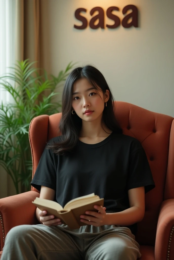 Gambarkan seorang lelaki sedang duduk sambil berfikir dengan latar belakang penuh buku dan gelap tampak detail dan jelas berkualitas HD tajam 3D 
