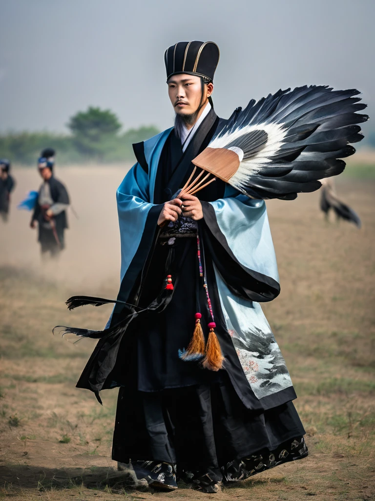 masterpiece, Man with a feather fan、 Black Hanfu, Fabric hat,  Full Shot, On the battlefield 