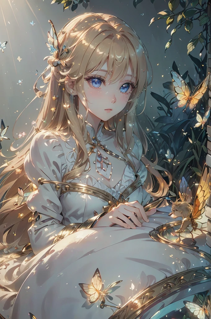 (((masterpiece))), (((Best Quality))), ((Ultra-detailed)), (  Hyperrealistic  ), (High-definition CG illustrations), (( very delicate and beautiful)),Official Anime Art, Princess Rapunzel in Wonderland, Long blonde hair, Fluttering ， Looking down from a brick tower in the clouds、Silky Fantasy , Exhilarating, Natural Light