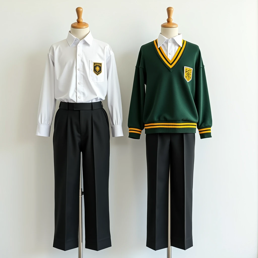 Design a school uniform with the following instructions. shirt: white, short-sleeved, with green collar and embroidered logo on the chest. For the coldest days, can be worn under a sweater or jumper.
Pants: Navy blue, Made of durable fabric with elastic waist for added comfort.
Skirt: For girls, a small plaid skirt in shades of blue and grey, with the appropriate length for each educational level.
sweater: Navy blue, thick fabric, with logo embroidered on the chest.