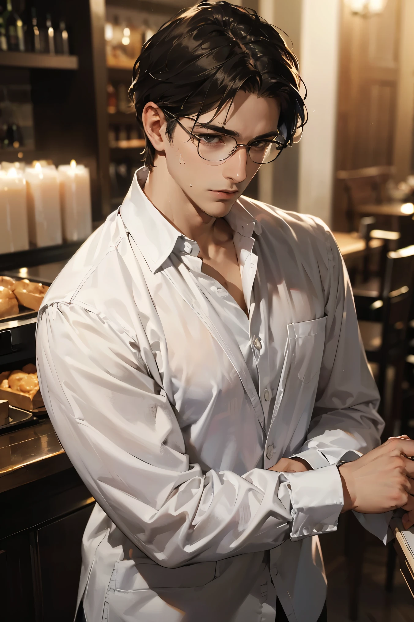 Sweat face, Handsome nerdy male, 1male,Man in suit,nerd,nerd boy,Strong shoulder width, human, simple black hairstyle, gentleman style,A man in his 30s with shy expression, cafe background, (masterpiece:1.21),(bestquality:1.21),8k,high detailed,ultra-detailed,anime semi-realism, image with a third-person view, highly detailed illustration, solo,physically-based rendering,depth of field,(low saturation:1.3),(1boy;1.4:1.1),a male,silm,Real Skin Texture,White Marble Glowing Skin,model(random_color_clothing:1.45),(random stylish pose action:1.1), close up view