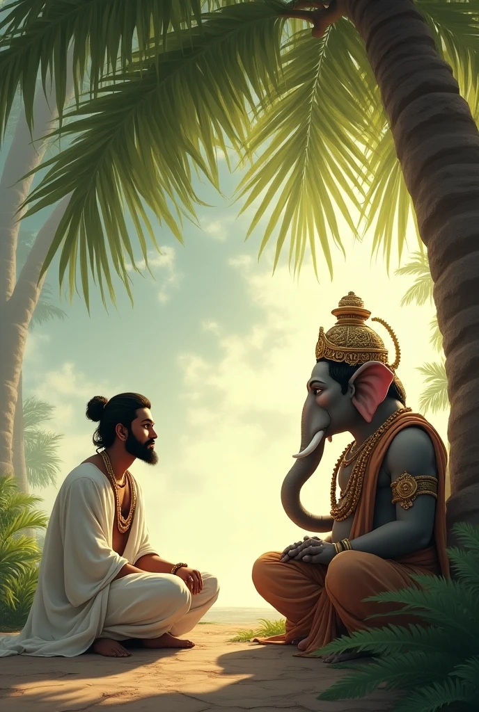 High quality ultra HD image of Lord Ganesha seating on sinhasan and blessing with right hand to Indian man. Man is planting tree. Natural background with mountains and birds and one mouse and elephant.