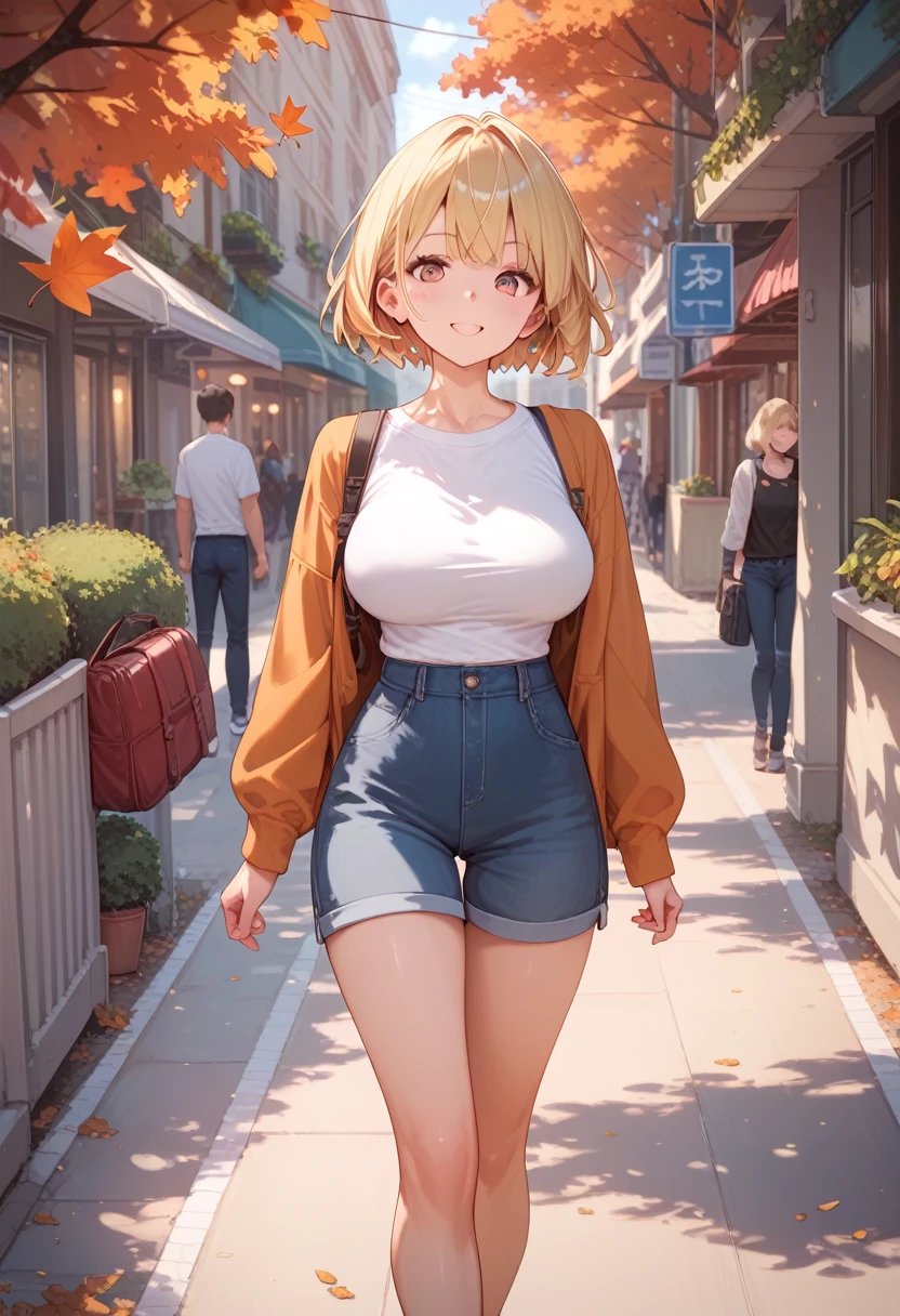 (Best Quality),  Female Adult, Large Breasts, Blonde,  short hair, Kind Face, If you look at this,  High Resolution ,  walking around the city, autumn, Day off ,  casual clothes , Wearing knitwear, Long sleeve clothes