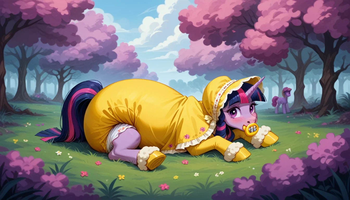 score_9, score_8_up, score_7_up, yellow fur ,fluttershy pony,, Mom, female, size difference, anatomically correct, feral anatomy, good anatomy, (depth of field), muted colors, extremely high quality RAW photograph, (lying on back), earth pony, semi-anthro, female, ponified, fluff chest, large ass, large hoof, hooves, view from leg height, three-quarter view, a dutch angle shot, ((giant pony:1.3)), lying on stomach, detailed, ((smaller pony lying on giant pony's back:1.3)), (((macro pony))), (((micro pony))), pink hair green eyes back view showing pussy vagina and Butthole Anus