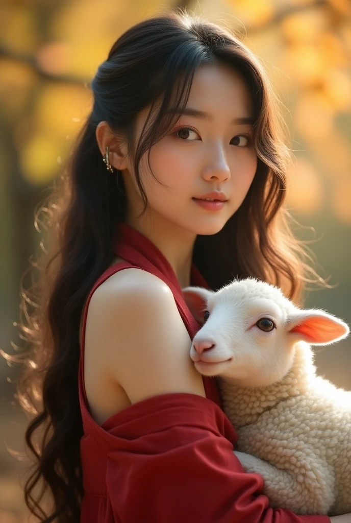 masterpiece, Best Quality, 8K, 1girl in, Good Hand, 24 yo, Lively, Cute, Girly, Goddess, Delicate girl, Neat and clean beauty,  Luminescent, Looking away, Raw photo, F/1.8, 135 mm, NIKON, Anatomically correct, Bokeh, Textured skin, Professional Photography, Portrait, Soft light, Professional Lighting, Solo, (Smile), Cute, Girly, Film grain, (Eyes and faces with detailed:1.0), Brown hair, Medium hair swaying in the wind, cleavage, posing next to a cute white llama, facing each other, https://image.cdn2.seaart.ai/2024-01-30/cmsnmvle878c73ffh7sg/49872118b0cf4924da1de418919bca4fcf85a462_high.webp