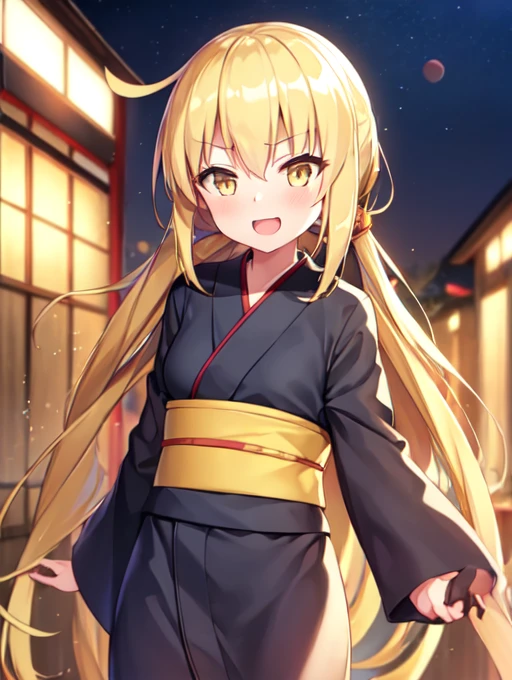 1girl, satsuki, kantaicollection, serafuku, blonde_hair, long_hair, yellow_eyes, (Japanese dress), (Kimono), (Yukata), night, outdoor, smile, crescent_pin, open_mouth, cinematic angle, (masterpiece), high resolution, 8k, best quality
