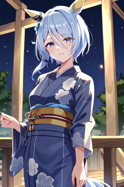 (masterpiece), highly detailed, best quality, (high resolution), 8k, 1girl, solo, k.s.miracle, umamusume, short hair, blue hair, horse ears, horse girl, horse tail, blue eyes, cinematic angle, looking at viewer, outdoor, night, (Japanese dress), (Kimono), (Yukata), gentle smile, eyes visible through hair, hair over left eye