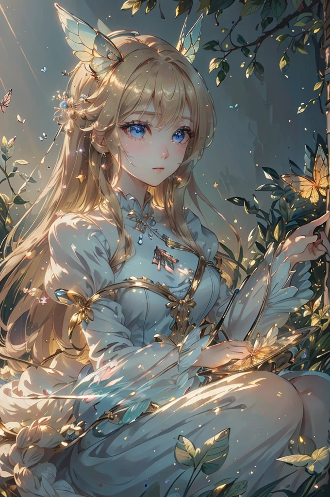 (((masterpiece))), (((Best Quality))), ((Ultra-detailed)), (  Hyperrealistic  ), (High-definition CG illustrations), (( very delicate and beautiful)),Official Anime Art, Princess Rapunzel in Wonderland, Long blonde hair, Fluttering ， Looking down from a brick tower in the clouds、Silky Fantasy , Exhilarating, Natural Light